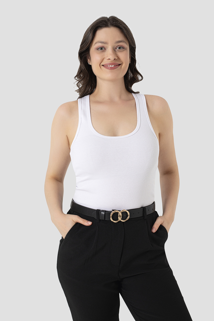 Picture of Beyaz Kadın Fitilli Görünümlü Kaşkorse Atlet Kalın Askılı Basic