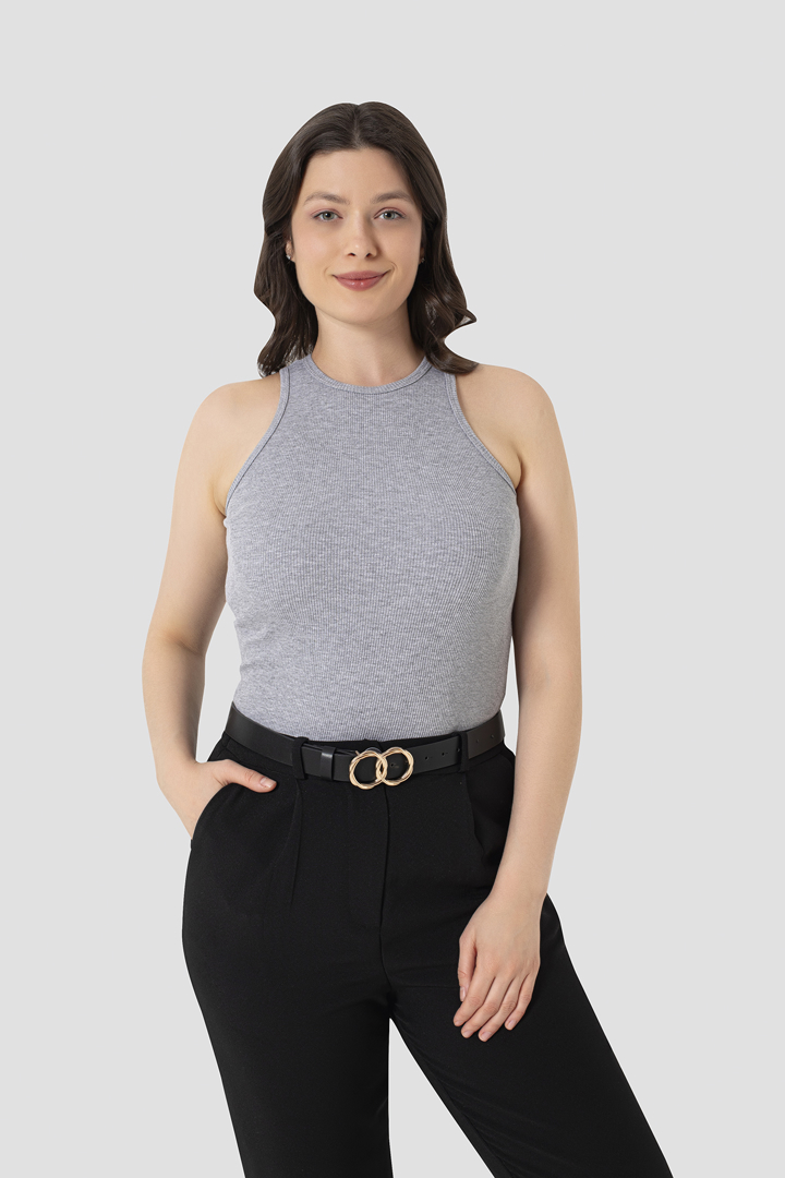 Picture of Kadın Fitilli Görünümlü Tişört Halter Yaka Gri Atlet