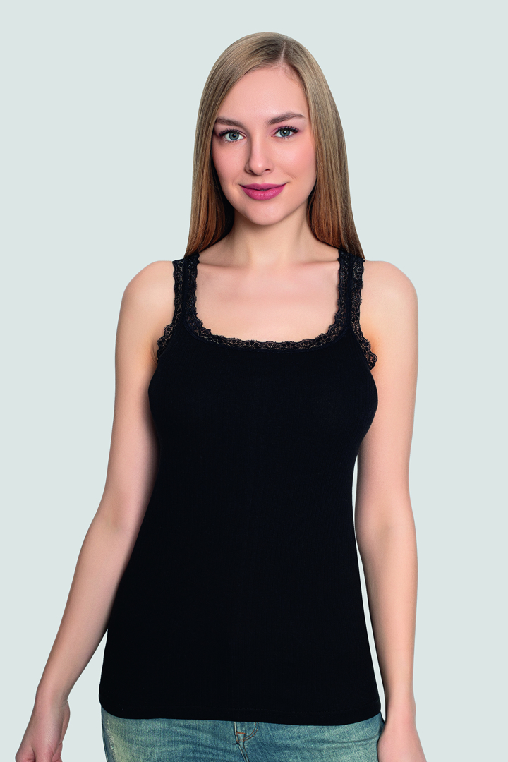 Picture of Siyah  Kadın İnce Askılı Dantelli Atlet %100 Pamuk