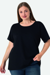 Picture of Kadın Siyah Büyük Beden Bisiklet Yaka Pamuklu Likralı Esnek Kısa Kollu Tişört