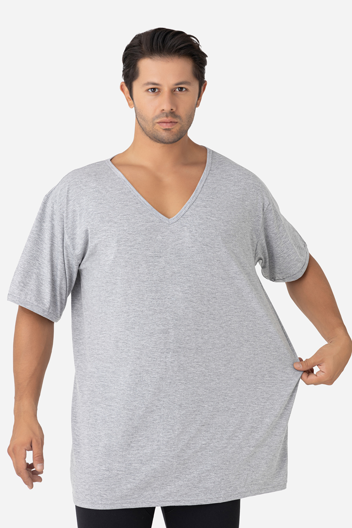 Picture of Gri Erkek Büyük Beden Tişört V Yaka Kısa Kollu Fanila %100 Pamuklu