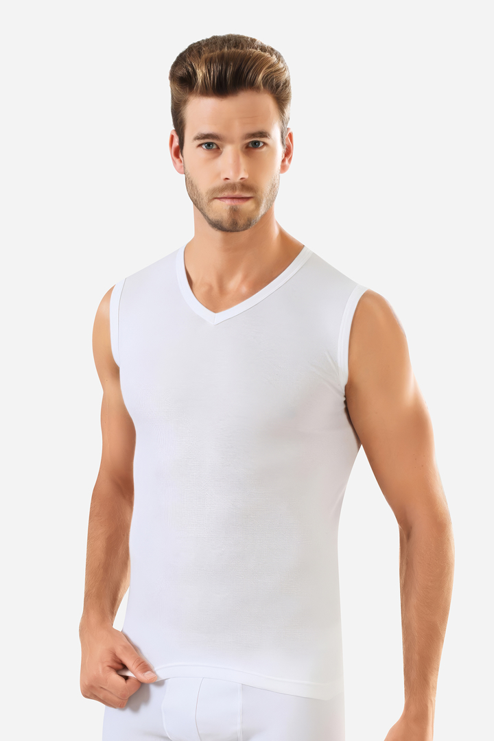 Picture of Erkek Beyaz Pamuklu Tişört Sıfır Kol V Yaka Kolsuz Atlet
