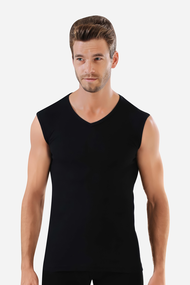 Picture of Erkek Siyah Pamuklu Tişört Sıfır Kol V Yaka Kolsuz Atlet