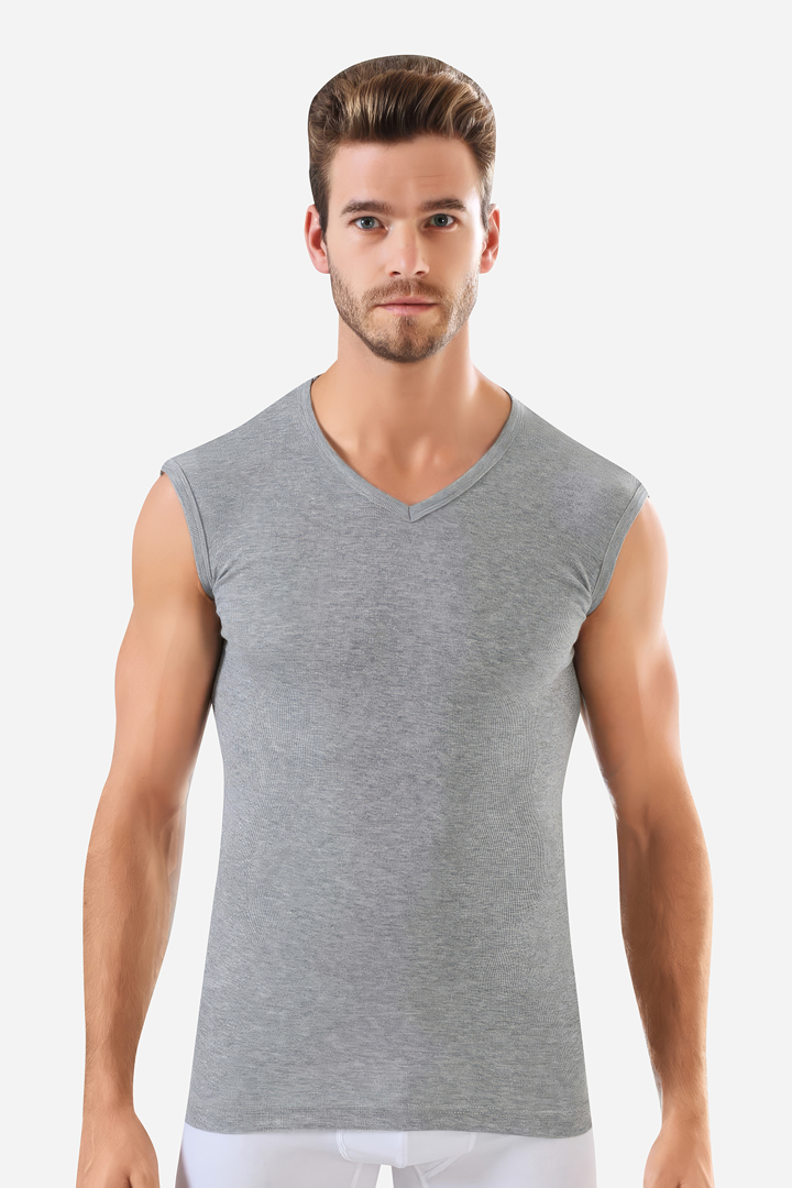 Picture of Erkek Gri Pamuklu Tişört Sıfır Kol V Yaka Kolsuz Atlet