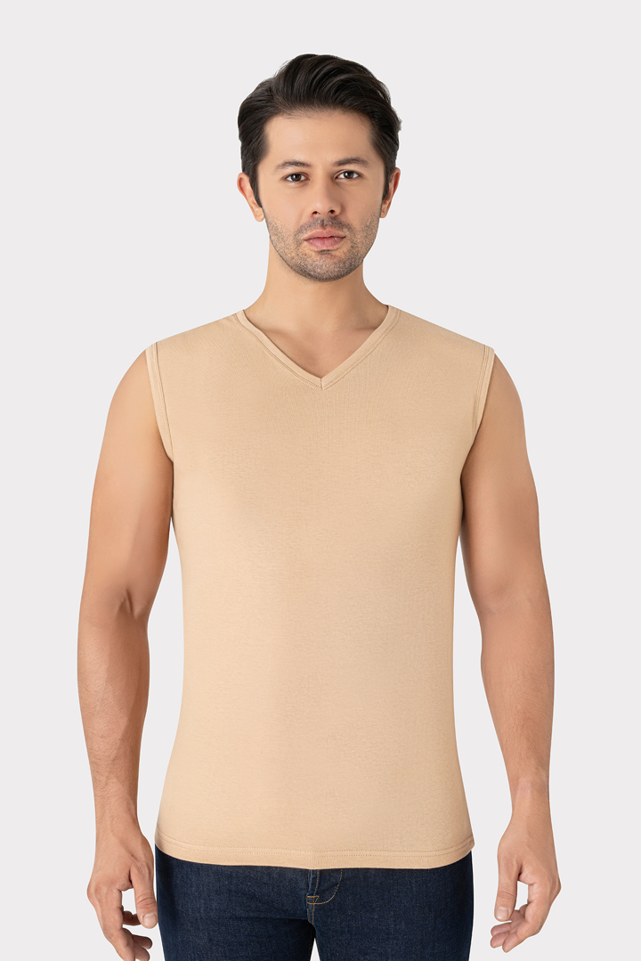 Picture of Görünmez Atlet Erkek Ten Rengi V Yaka Kolsuz Tişört Pamuklu Likralı Esnek Yumuşak Kumaş