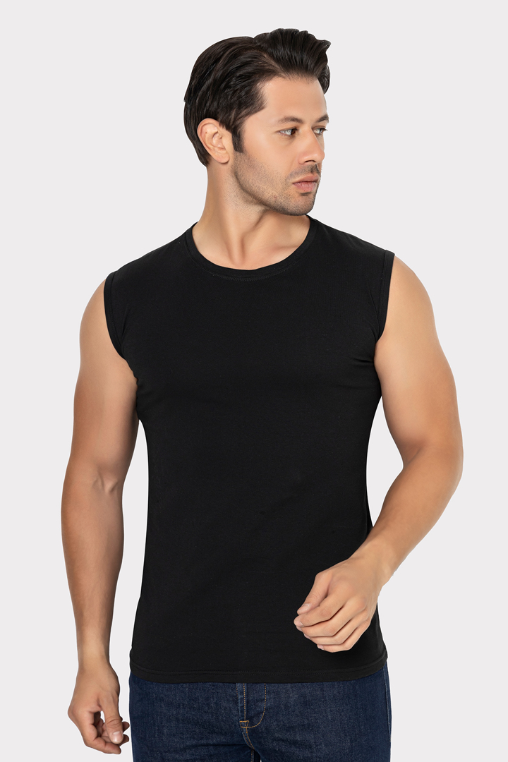 Picture of Erkek Siyah Kolsuz Tişört Bisiklet Yaka Sıfır Kol Atlet Pamuklu Likralı