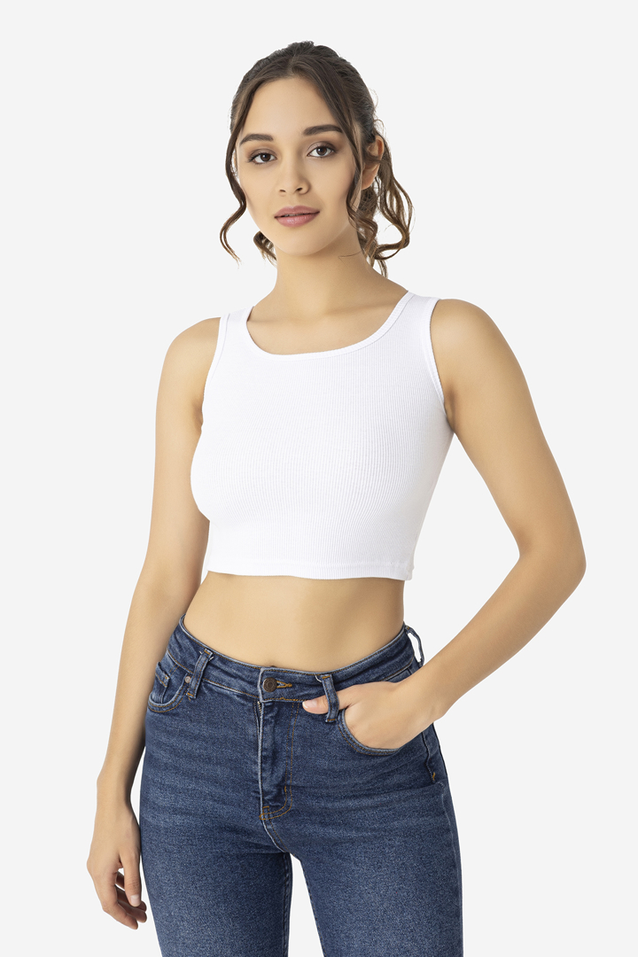 Picture of Kadın Pamuklu Fitilli Halter Yaka Kalın Askılı Crop Beyaz