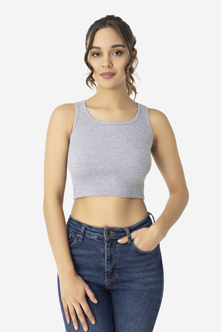 Picture of Kadın Pamuklu Kaşkorse Bisiklet Yaka Kalın Askılı Crop Gri